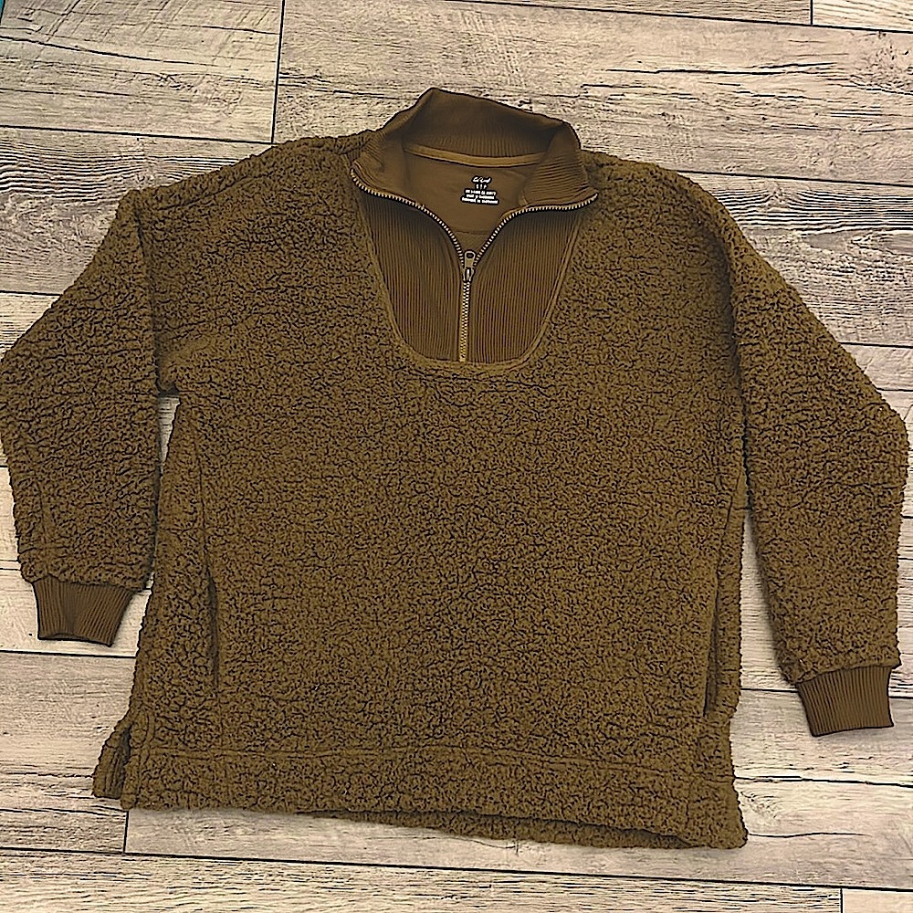 Aerie Ladies S oversized 1/4 zip up light brown teddy bear Sherpa pullover